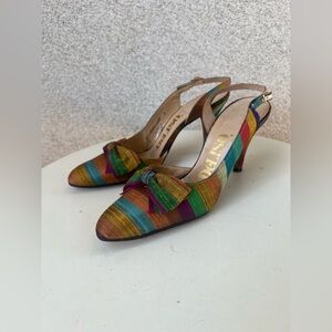 Vintage 70s glamorous heel slingback shoes stripe multicolor fabric 7 N Deliso